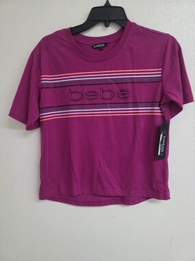 bebe Magenta Short Sleeve Logo Stripe Tee (0647)